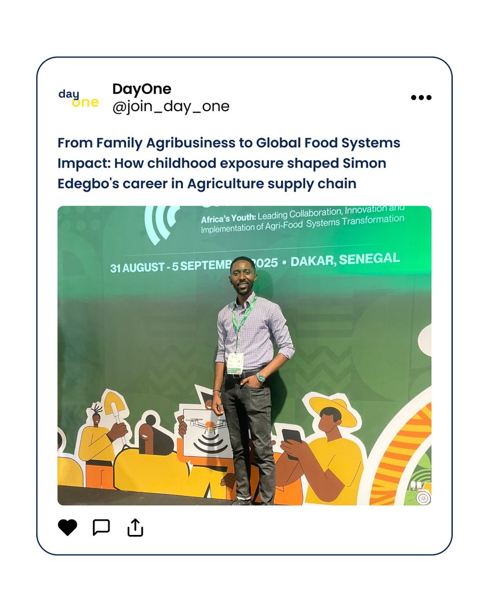 join_day_one's tweet image. From Family Agribusiness to Global Food Systems Impact: How childhood exposure shaped Simon Edegbo's career in Agriculture supply chain

Follow us for more career stories, resources and insights on navigating your career path.

#dayone #agriculture #supplychainmanagement