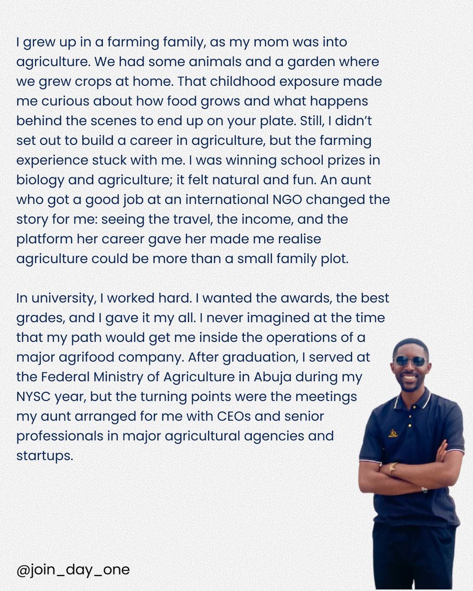 join_day_one's tweet image. From Family Agribusiness to Global Food Systems Impact: How childhood exposure shaped Simon Edegbo's career in Agriculture supply chain

Follow us for more career stories, resources and insights on navigating your career path.

#dayone #agriculture #supplychainmanagement