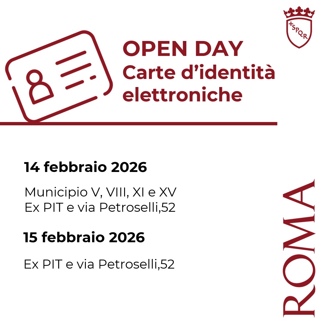 Roma's tweet image. ✅#OpenDay Carta d'identità Elettronica #CIE
📌Sabato 14/02 aperti i Mun V, VIII, XI e XV ex PIT e via Petroselli 52
📌Domenica 15/02 aperti gli ex PIT e via Petroselli 52

Prenotazioni da h 9 del 13/02 su 🔗prenotazionicie.interno.gov.it
Info, sedi e orari ➡️tinyurl.com/vr37bp43