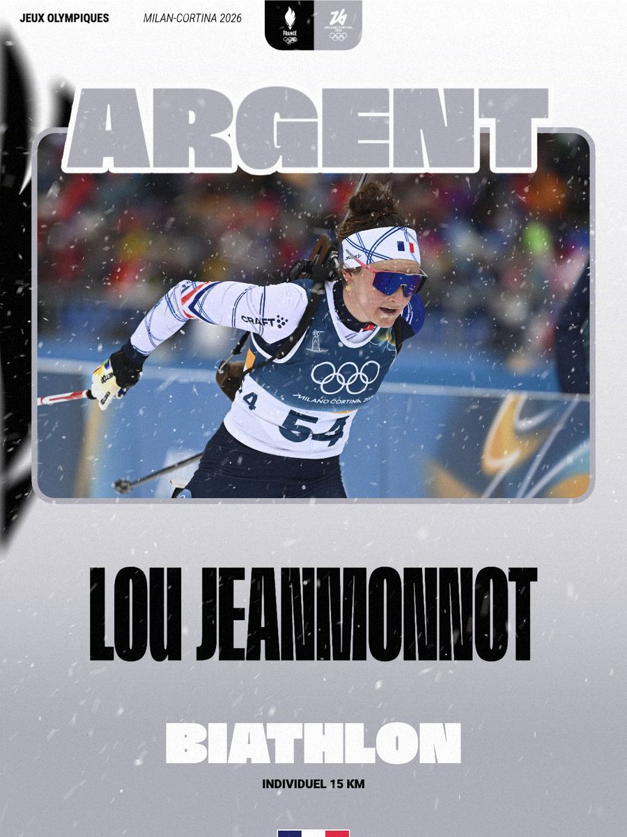 VICE-CHAMPIONNE OLYMPIQUE 🥈

Lou Jeanmonnot décroche l’argent sur l’individuel avec le meilleur temps de ski 🤩
Une deuxième médaille pour notre Française pour sa première participation aux Jeux 🇫🇷

#AllezLesBleus #MilanoCortina2026