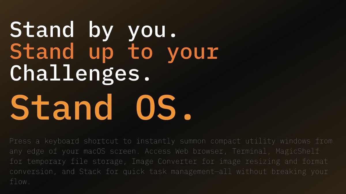standos_app's tweet photo. [8/8]
StandOS is free to get started!

Free → 1 Stand 
Pro → All 4 edges + everything unlocked

macOS only. Download here ↓ 
https://t.co/zzJaXtKUP6

We'd love to hear what you think 💬 https://t.co/1Pp5kiHvCY