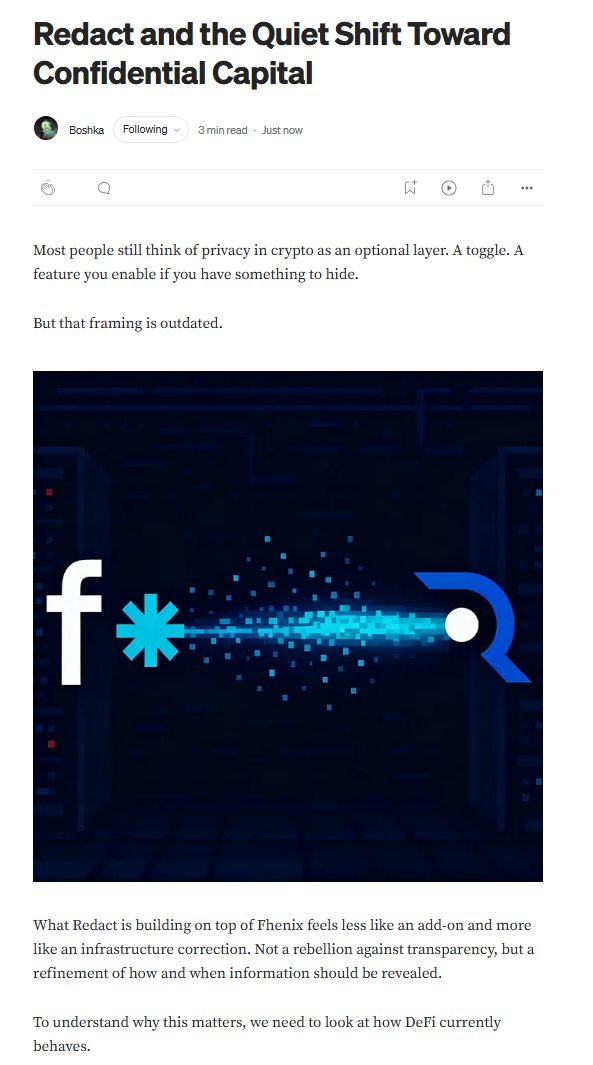 Finished reading this breakdown on <a href="/RedactMoney/">Redact ⚪️</a> and <a href="/fhenix/">Fhenix</a> — absolutely blown away 😳The way they turn privacy from feature into core infrastructure, using encrypted balances, computation on ciphertext, is next-level.This isnt just DeFi innovation, its a structural. Hats off 👏