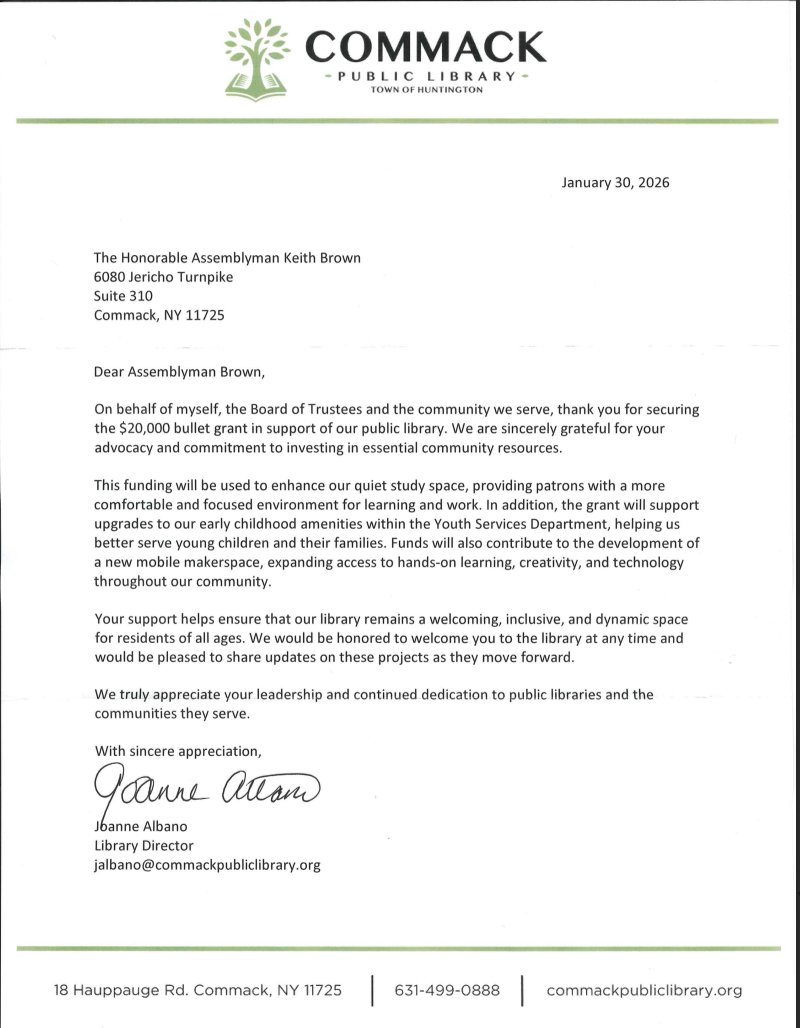 Grateful to support one of our community’s most important resources

Thank you to the Commack Public Library for this kind note and for the incredible work you do every day. Proud to have helped secure a $20,000 Bullet Aid grant!