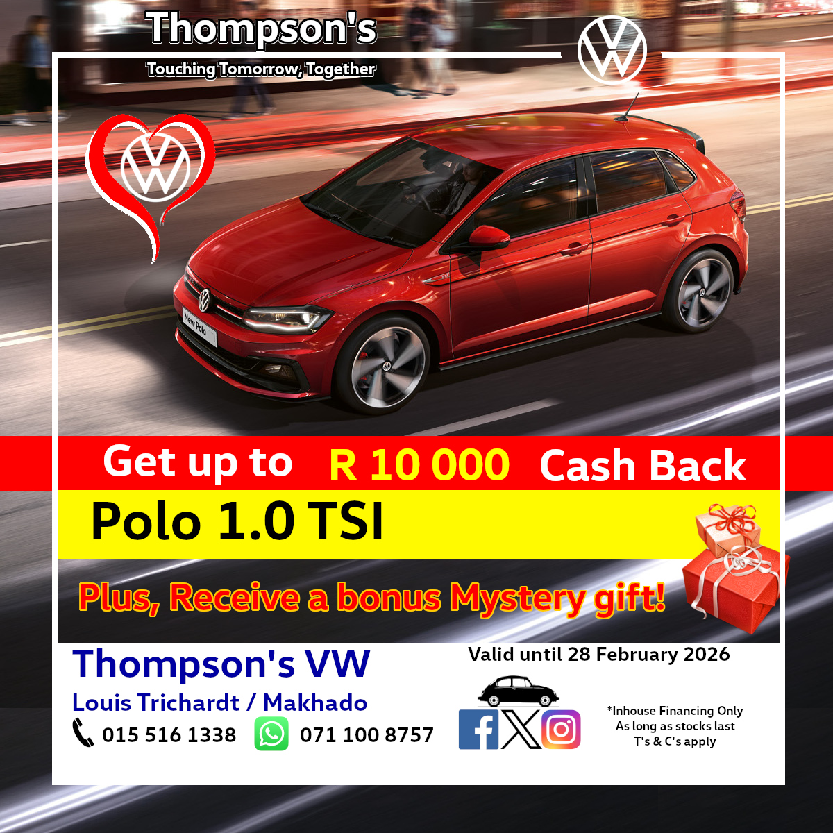 Special offers @ Thompson's VW. 
Visit our website at thompsonsvw.co.za for more. 
Email: info@thompsonsvw.co.za, 
WhatsApp: 071 100 8757, 
Tel: 015 516 1338.
#specials #promotion #thompsonsvw
