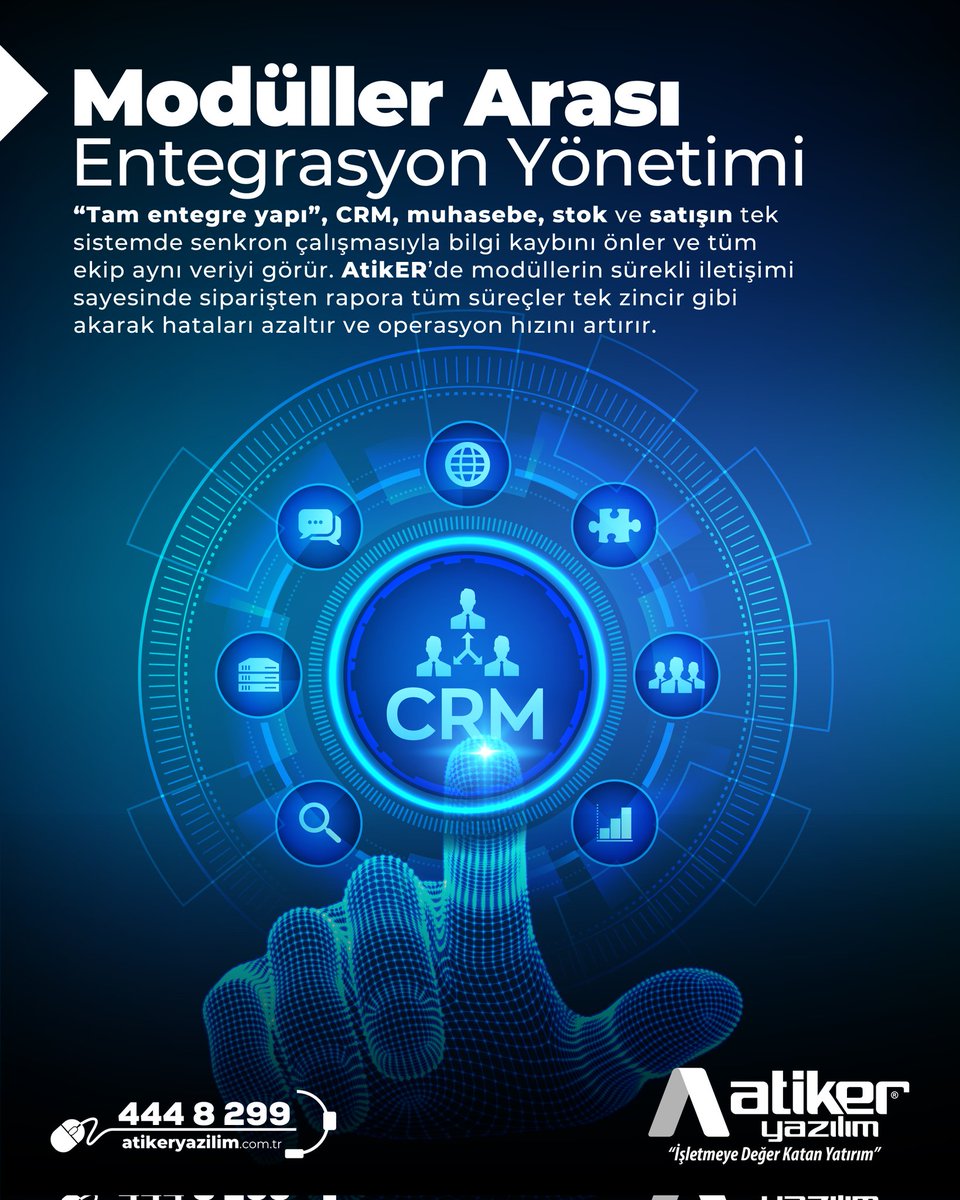 AtikerYazilim's tweet photo. Modüller Arası Entegrasyon Yönetimi sadece bir özellik değil, işinizi hızlandıran bir güçtür.

AtikER’de CRM, muhasebe, stok ve satış tek sistemde senkron çalışır.
Siparişten rapora tüm süreçler tek zincir gibi akar, hatalar azalır, hız artar.

#atiker #atikerp #crm https://t.co/ul4Fk84qUr