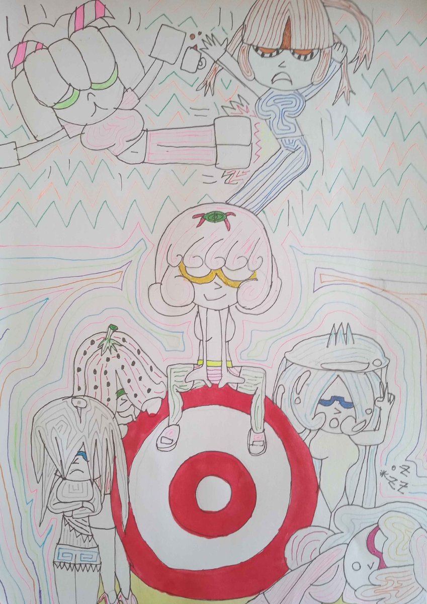 "Clons + Punching Target"
Glitter pen drawing + small use of markers

Here is my new OC Clon (which will soon appear in some release artworks) and her clones

the target is for me to punch, i will put it right near my bed and sometimes i punch the wall weakly for no reason