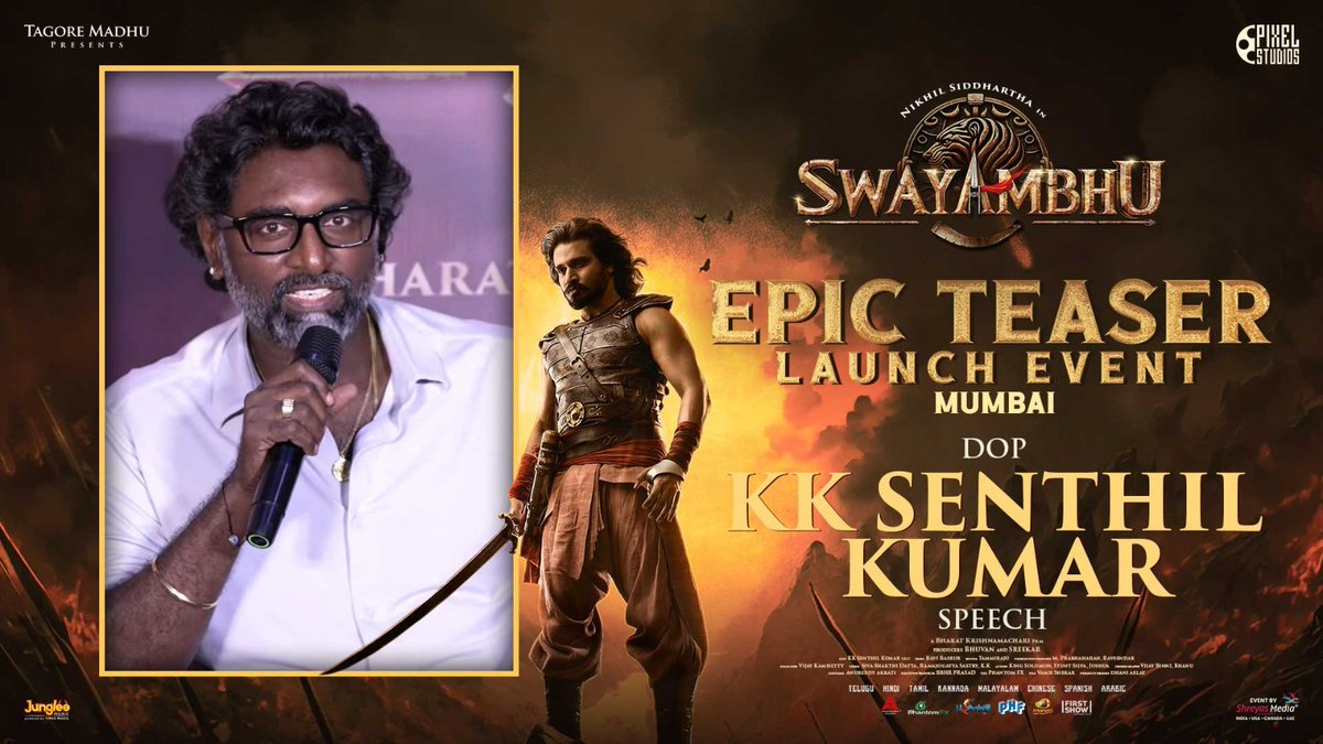 UrsVamsiShekar's tweet photo. DOP #KKSenthilKumar speech @ #Swayambhu EPIC Teaser Massive Launch Event at Mumbai ❤️‍🔥

▶️https://t.co/ZqBcsuuFvu https://t.co/rSFoLwJJHf