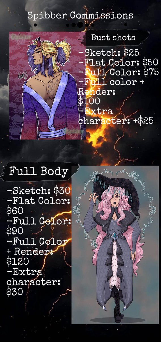 TheSpibber's tweet photo. Hi friends! I am trying to get caught up on bills and everything, but our financial situation has changed drastically since we moved. I am opening 4 commission slots for regular commissions other than the Chibis. Comm sheets and examples are attached below! https://t.co/afIMv9O5m9