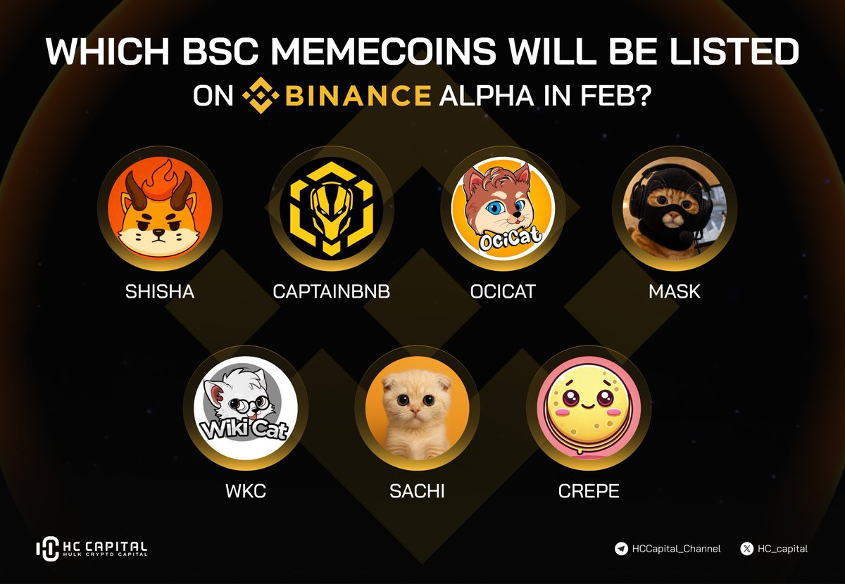 hc_capital's tweet photo. Which #BNBChain gem is destined for the Binance Alpha throne this February? 🕵️‍♂️🟡

The "Binance Effect" is the ultimate catalyst, and these community powerhouses are flashing major bullish signals.  Who gets the green light next? 🚀📈

The Listing Shortlist:
 ✦ @shisaBNB  - $SHISHA
✦ @CaptainBNB_bsc - $CAPTAINBNB 
✦ @ocicattoken - $OCICAT
✦ @wikicatcoin - $WKC 
✦ @catwmask - $MASK
✦ @sachi_coin - $SACHI
✦  @crepe_bsc - $CREPE

The market is watching. The armies are ready. ⚔️💎 Drop it below!

#BinanceAlpha #BNBChain #Memecoins #WKC #SHISHA #OCICAT #CREPE #MASK #SACHI