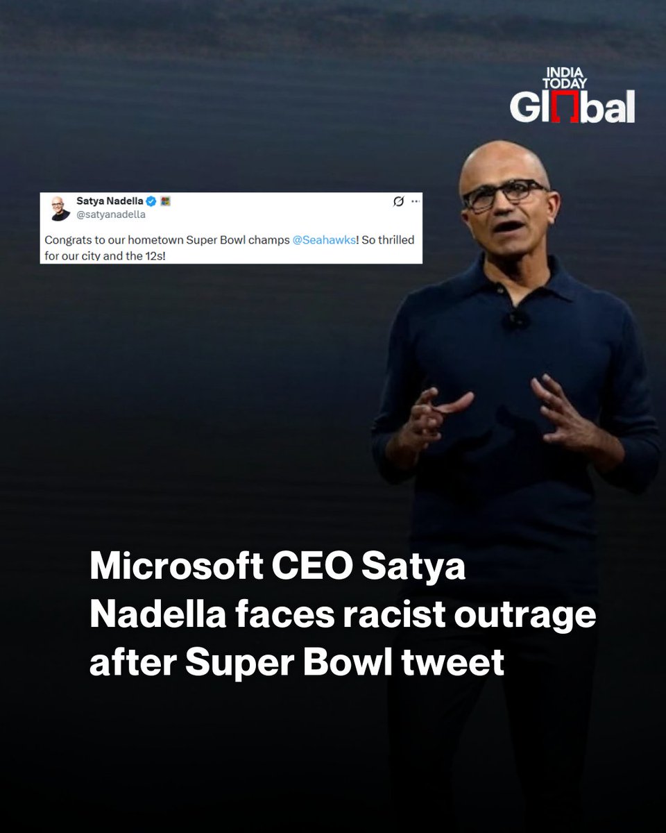 ITGGlobal's tweet photo. Microsoft CEO Satya Nadella faces racist backlash over his Super Bowl post congratulating the Seattle Seahawks. Many targeted his Indian roots, claiming 'Your people are Indians,' despite Nadella living in Seattle for decades.
#SatyaNadella #MicrosoftCEO #SuperBowl #RacismOnline #TechNews #IndiaTodayGlobal
