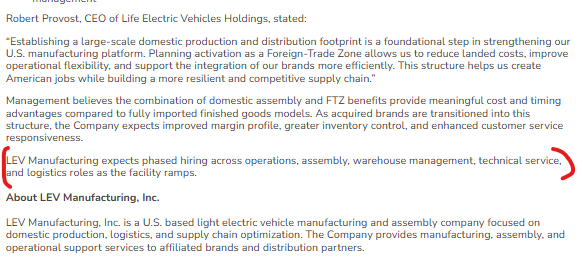 $LFEV More news out AH yesterday. Been on a steady climb up since the last news about acquiring Rad Power Bikes through bankruptcy, previously a company with 100s of million in revenue. 

Obtained a 100,000 sqf facility to do everything in house. Looks like they're rapidly