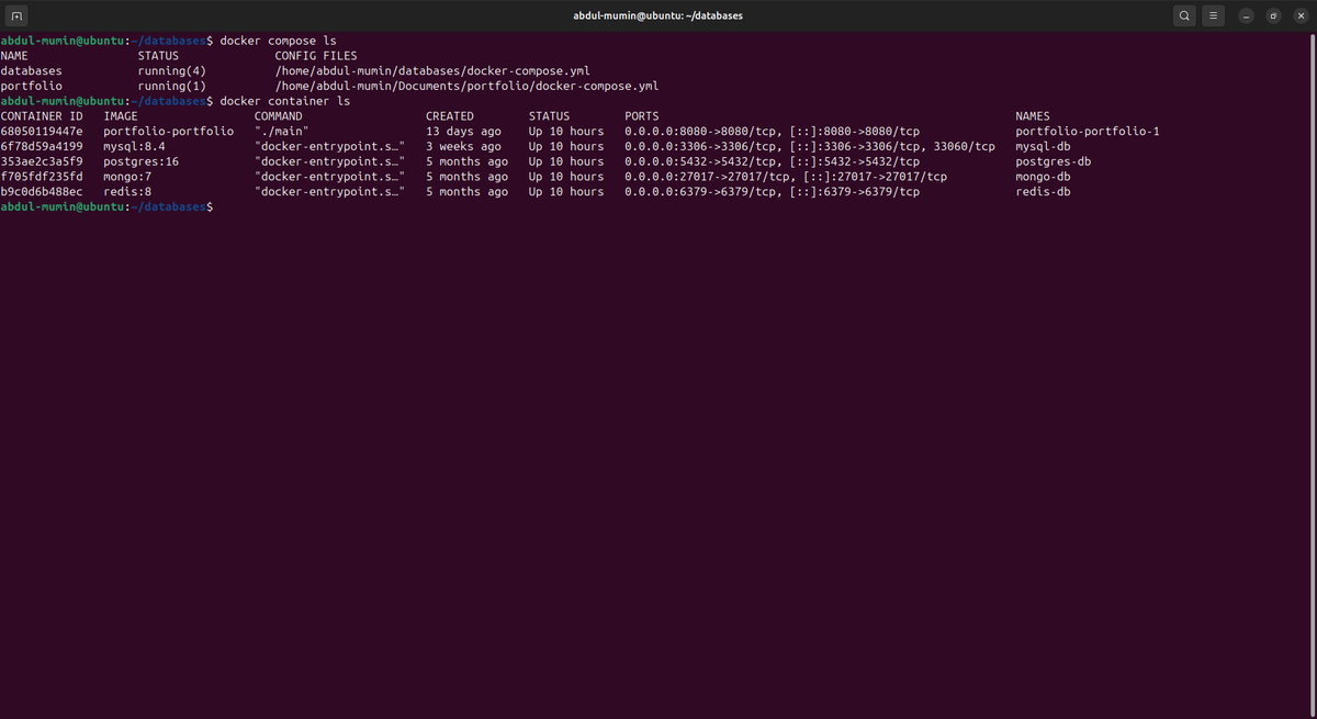 abdul_mumin_aw's tweet photo. @EOEboh I use docker. I have set up multiple containers for the storage engines using docker compose. It runs PostgreSQL, MongoDB and Redis. I recently added MySQL. https://t.co/wEPQ6G1GvI