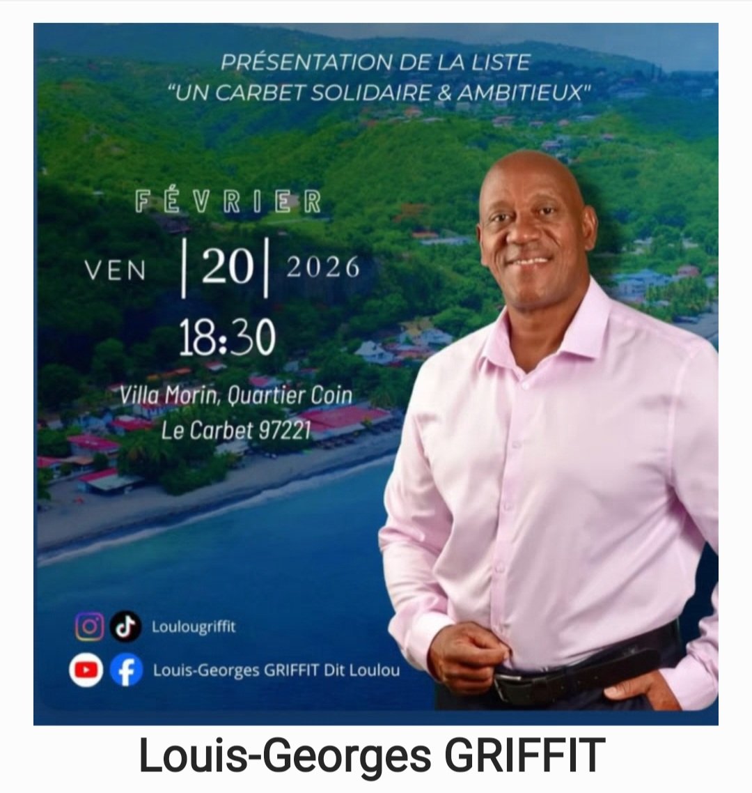 jpm_web's tweet photo. Le Carbet mérite plus de solidarité et d’ambition !
Louis-Georges Griffit et sa liste « Un Carbet Solidaire et Ambitieux » vous attendent :
 20 février 2026 – 18h30
 Villa Morin, Quartier Coin Venez découvrir l’équipe, les projets et la vision pour notre commune.
#LeCarbet https://t.co/kAiCYpEybq