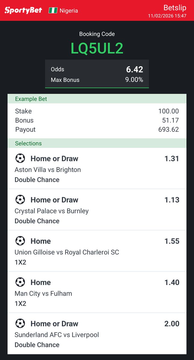 6 odds on Sporty 
LQ5UL2