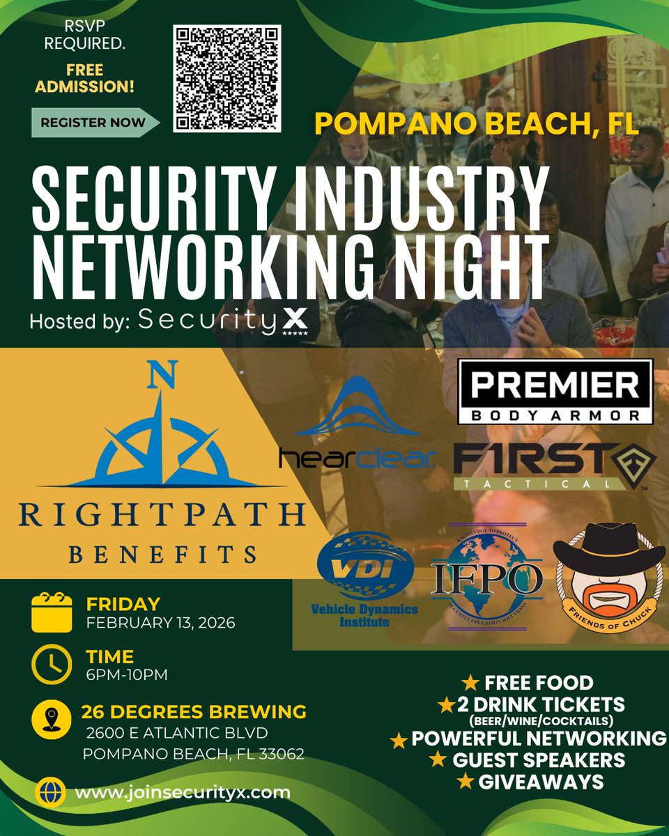 JoinSecurityX's tweet photo. ⏳ Just a couple more days, South Florida!

📅 Feb 13 | 6–10PM
📍 26 Degrees Brewing

🎖️ Title Sponsor: Right Path Benefits
Sponsors: First Tactical, Premier Body Armor, VDI, IFPO, Friends of Chuck

🔗 RSVP:
https://t.co/2s2sRMg7xm https://t.co/ZoIGHzGohi