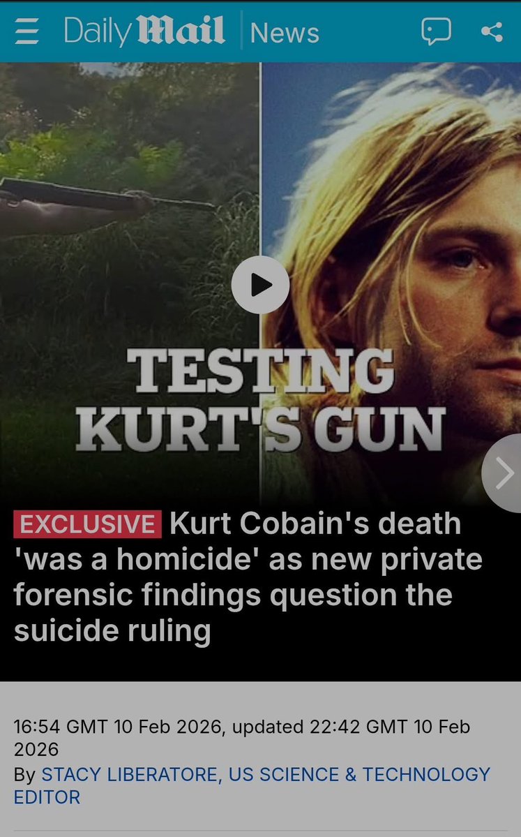 Hasil investigasi oleh Tim Investigasi Mandiri oleh Pihak Swasta mengungkapkan bahwa Kurt Cobain tidak Bunvh D1RI, melainkan dibvnvh orang. 

Dikutip Daily Mail UK, tim investigasi menemukan kejanggalan laporan resmi dari kepolisian terkait kematian Kurt Cobain, yang menerbitkan