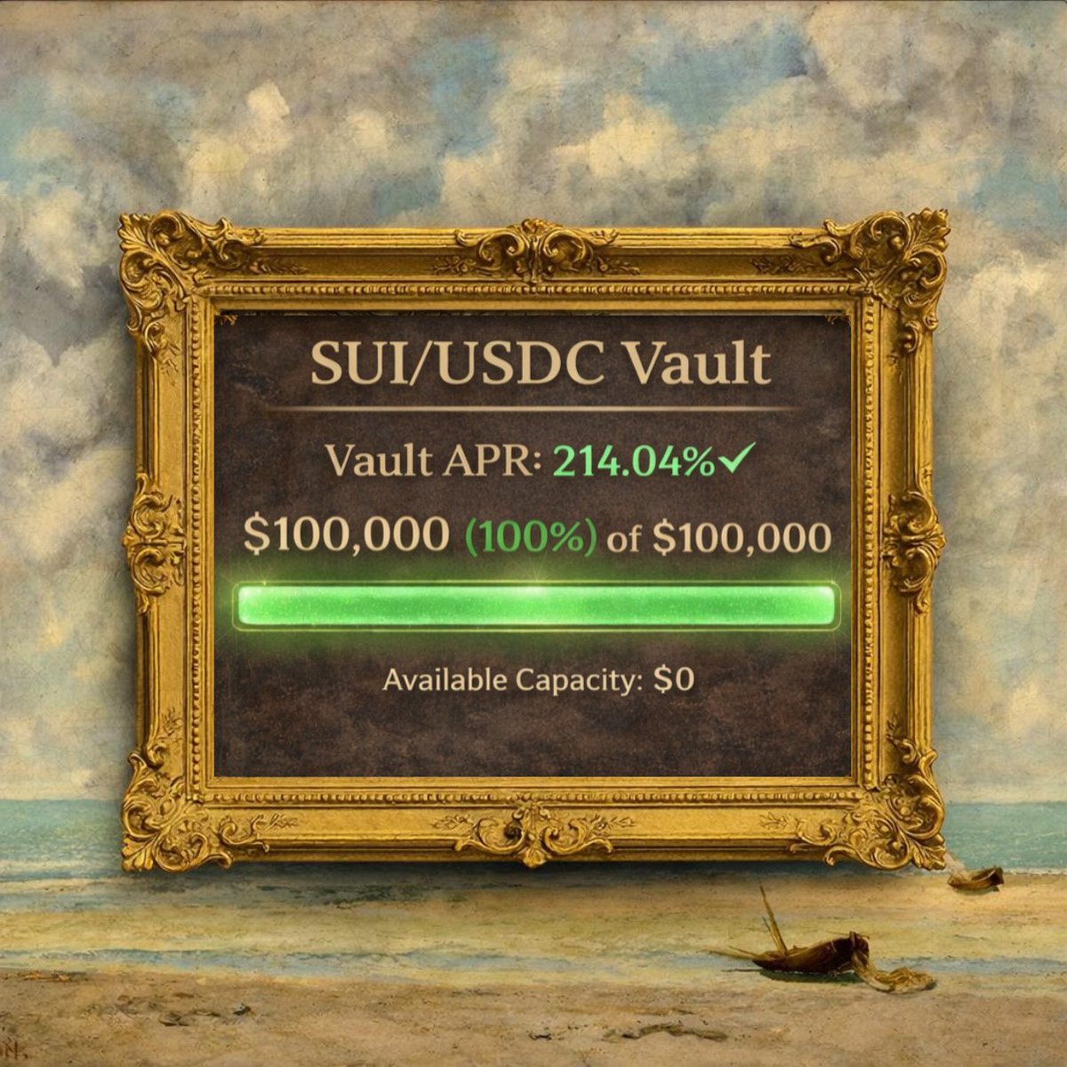 FullSailFi's tweet photo. The $SUI/USDC vault just hit 100% capacity! 🎉

Congratulations to everyone who managed to get allocation in vault, now earning triple-digit APRs 🤝

⚓️ More vaults incoming! Can you guess which one's next? https://t.co/ggyKX5B6qs
