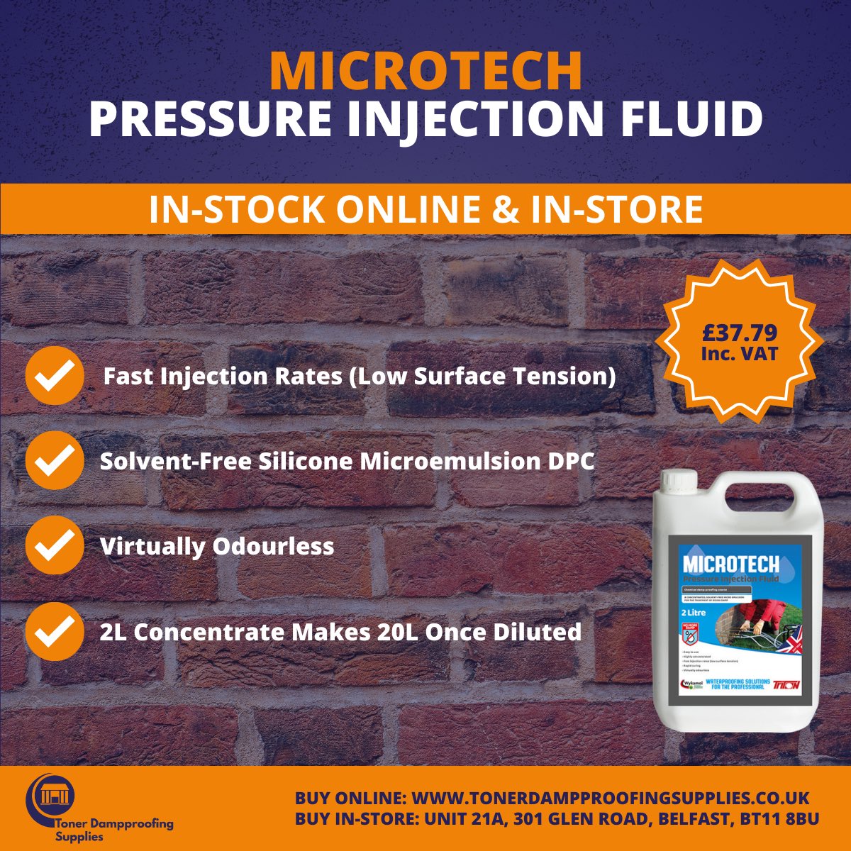 Treating rising damp? ✅

Microtech Pressure Injection Fluid (PIF) is a solvent-free silicone microemulsion DPC system designed for pressure injection to form an effective chemical DPC.