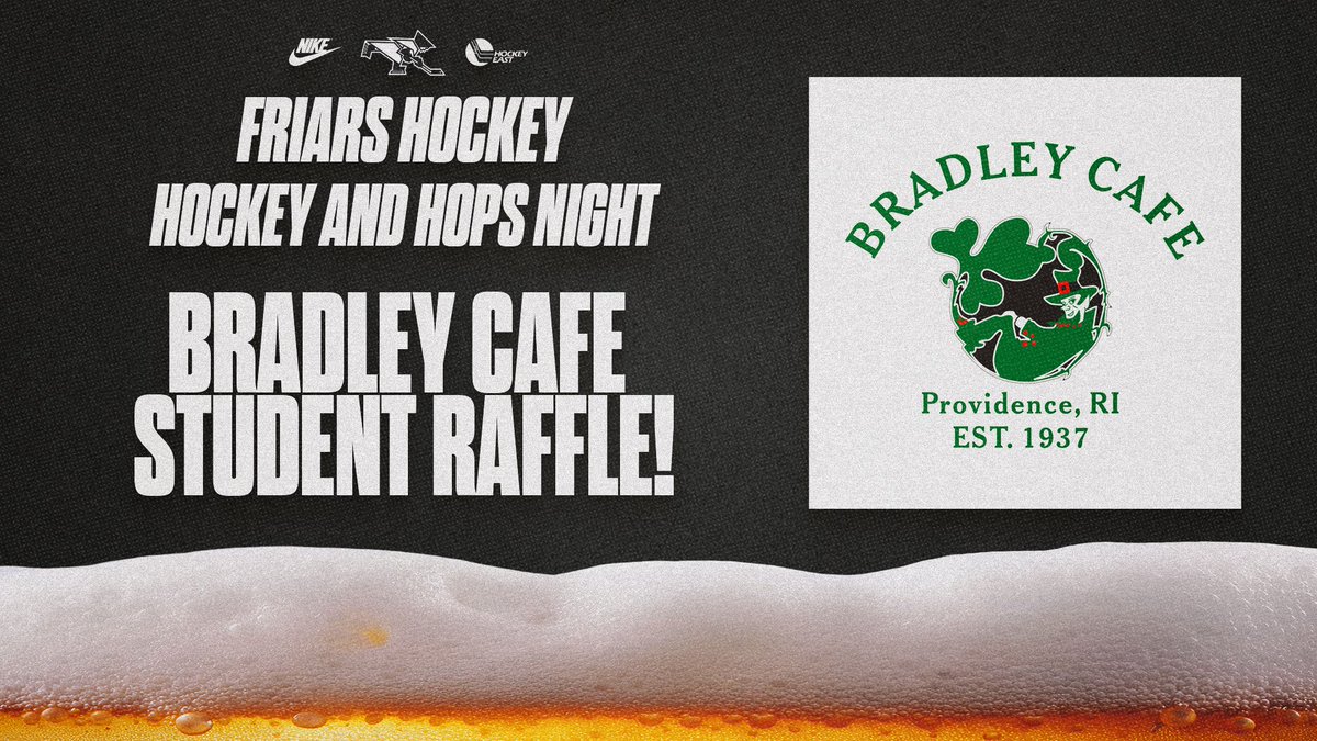 FriarsHockey's tweet image. THIS FRIDAY NIGHT:

🎉Brads Party Cup giveaway to the first 500 fans AND first 500 students

🍺🥨 $10 Hux Seltzer &amp;amp; Friars Lager at concessions as well as $2 Pretzels!

☘️ Bradley Cafe Student Merch Raffle!