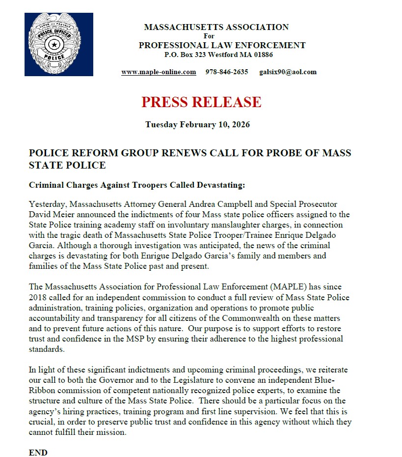 Retired MSP Major Dennis Galvin runs the Massachusetts Association for Professional Law Enforcement (MAPLE). 

Over the years, Galvin has provided context and commentary for my reporting. Squared away is a good way to describe him.  

Following the indictment of four Troopers in
