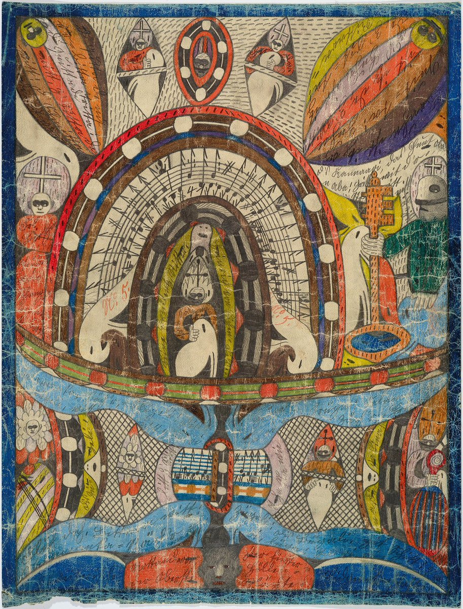 naturally, my variety of interests has drawn me to the artwork of people diagnosed with schizophrenia. a personal favorite is adolf wolfli (swiss, ~1900), who spent most of his life in psychiatric wards. he even supposedly had an alter ego in his art world, named saint adolf: