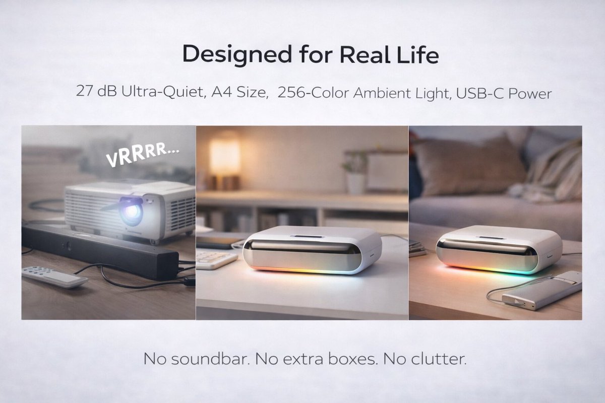 LaserProjectors's tweet photo. No bulky TV. No distance limits. Just cinematic nights with family, right at home.
#DreamHome #UltraShortThrow #FamilyCinema #projector #kickstarter https://t.co/nXgK774jC6