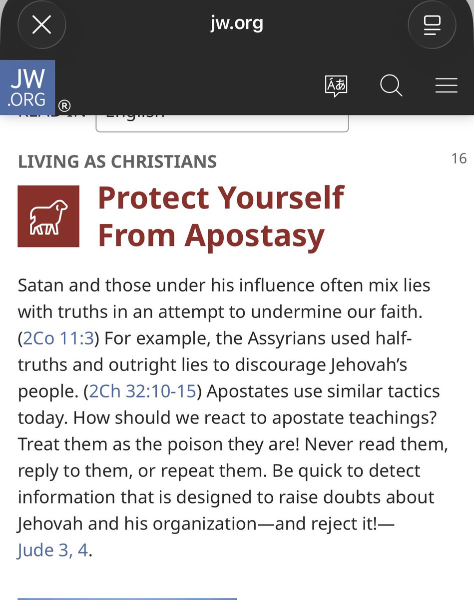 stackerco's tweet image. How Jehovah Witnesses try to control information their members consume:

“Satan and those under his influence often mix lies with truths … Apostates use similar tactics today. How should we react to apostate teachings? Treat them as the poison they are! Never read them, reply to