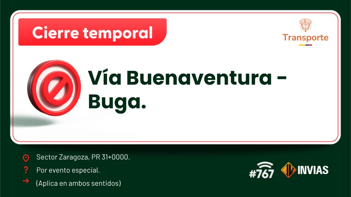 ¡Buenos días!

#NovedadVial en el departamento de #ValleDelCauca, se reporta cierre temporal en el sector Zaragoza. #EnDesarrollo

Trabajamos para mantenerte informado.