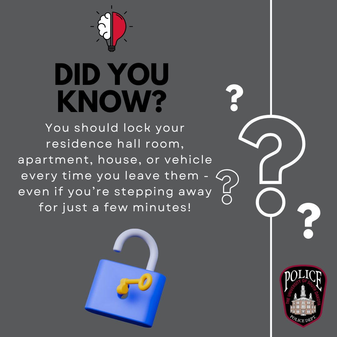USDPolice's tweet image. 🔒 Lock It Every Time

Most campus thefts happen in seconds — and from unlocked rooms or vehicles.

Heading out “just for a minute”? Lock your door. Lock your car. Every time.

#CampusSafety #LockIt