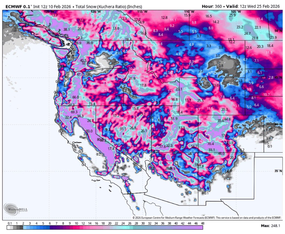 jason61987's tweet photo. Wednesday February 11, 2026, 5:50 AM: Ferocious Siberian storm and deep central Pacific moisture axis arrive in Northern California on Sunday 6AM - Wednesday 9PM.  Impactful widespread heavy rainfall 2.8 to 6.7 inches of rain for all SoCal, from San Luis Obispo to San Diego counties and that includes Northern California and Central California we all have impactful storm issues.￼
￼
Bullseye heaviest severe impact is from Santa Barbara to Los Angeles Counties up to 3.7 to 8.5 inches of rainfall. This includes the Eaton fire burn scar zone and the Pacific Palisades burn scar zone. For the potential for higher confidence in ￼mudslides. Accompanied by the storm are gusty powerful winds up to 65 MPH. Due to the cold nature of the system ￼low elevation snowfall is projected at 2,500 feet least 2 - 6 inches expected this includes Antelope, Apple, and Lucerne valleys. Possible northernmost foothills of the Simi Valley, Santa Clarita, and San Fernando Valley. 

Still watching the details on the snow level for the northern valleys that’s still being looked at closely as a storm approaches in the next 24 to 36 hours so that part is not set in stone yet. Central and Northern California will ￼have a 30% chance of sea level snowfall between Sunday afternoon and Sunday night.￼

Higher confidence snowfall at 4,500 feet is projected to range from 6 to 12 inches of fresh powder. Higher accumulations ￼of at 18 - 46 inches of snowfall in the local mountains of San Gabriel and San Bernardino starting at 5,500 feet Lake Arrowhead, Crestline, Big Bear may have a déjà vu moment of potential significant snow issues are trending be aware of this. This is just for cautionary purposes.

Northern California Sierra Mountains: ￼Truckee, Lake, Tahoe, Mount Shasta, and the Central Sierra’s of Yosemite and Mammoth Mountain will end up with 4 - 8 ￼feet of snowfall if not isolated higher amounts are not out of the question. Strong winds gusting above 6,000 feet of 45 to 70 mph could cause whiteout conditions and deplorable travel conditions.￼

￼The storm will have impacts ￼on the five corridor Grapevine and Cajon Pass interstate 15 to Las Vegas ￼please prepare for winter travel if you must travel expect closures and lengthy delays. Flooding will severely impact all freeways and highways and urban￼ flooding is high confidence across much of Southern California, Central California, and Northern California, and is certain during this period. Please give yourself at least 2 to 3 hours before your travel time to work or school especially on Monday 6AM - 11AM This is critically important for the state of California. 

￼Trending confidence this is the biggest storm at this point to February 1 - 4, 2024, and February ￼24 - March 1, 2023, are the most recent trending similar storm impacts with this upcoming storm. Be safe everyone more detailed updates will continue over the next several days on this high-profile storm event. ￼#CAwx #Califorinastorms 
 
@realwxforecast @SoCalweathernet @RickDickertWX @LaInaMinute @Ginger_Zee @cecewoodsmedia @SnowPalsDotOrg @BPW_SERVICES714 @Weathernut3 @iCyclone @RobMayeda @edgarrmcgregor