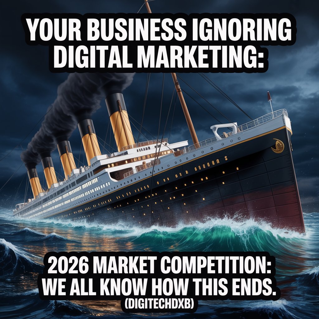 DigitechDxb's tweet photo. Ignoring digital marketing? That's like sailing a ship straight into an iceberg. In 2026, the competition will be fierce. Adapt or watch your business sink. Time to rethink your strategies! https://t.co/XwU3bvDvXc