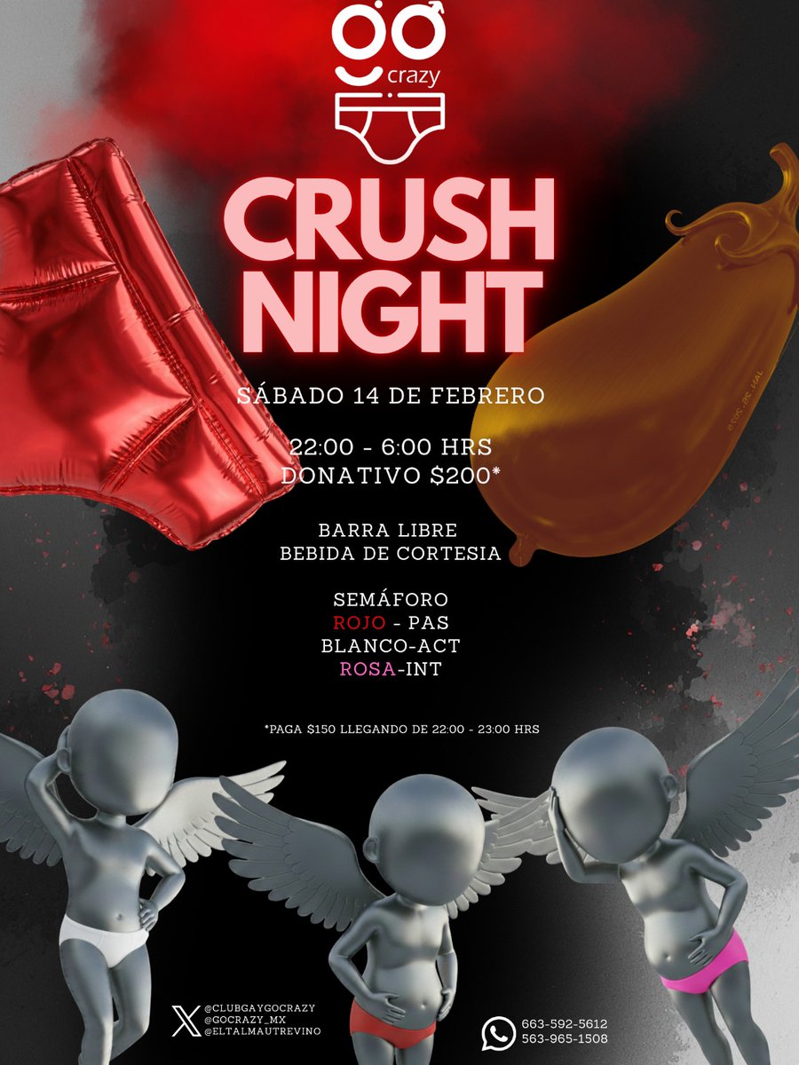 A celebrar el día de darle amor a la amistad en <a href="/CLUBGAYGOCRAZY/">GO CRAZY!!</a> 😏😏 los veo este sábado 😈😈💦💦
Acceso en ropa interior.
Activos:  blanco
Pasivos: rojo
Inter: rosa