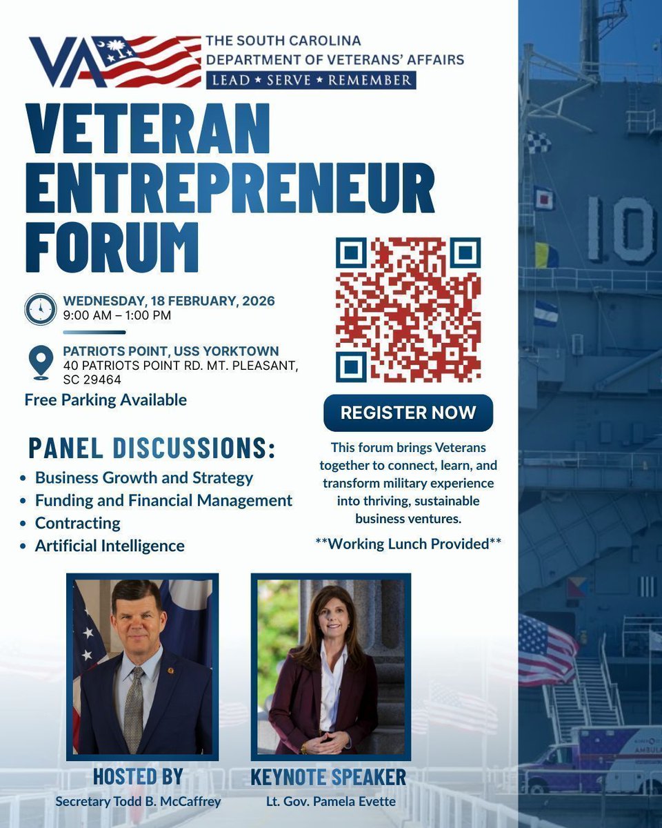 📢Registration slots are almost full for SCDVA's Veteran Entrepreneur Forum! Register now to secure your spot!

Join us on Wednesday, February 18, 2026, at Patriots Point, aboard the historic USS Yorktown. 

🔗Register today: buff.ly/jSnJhR5