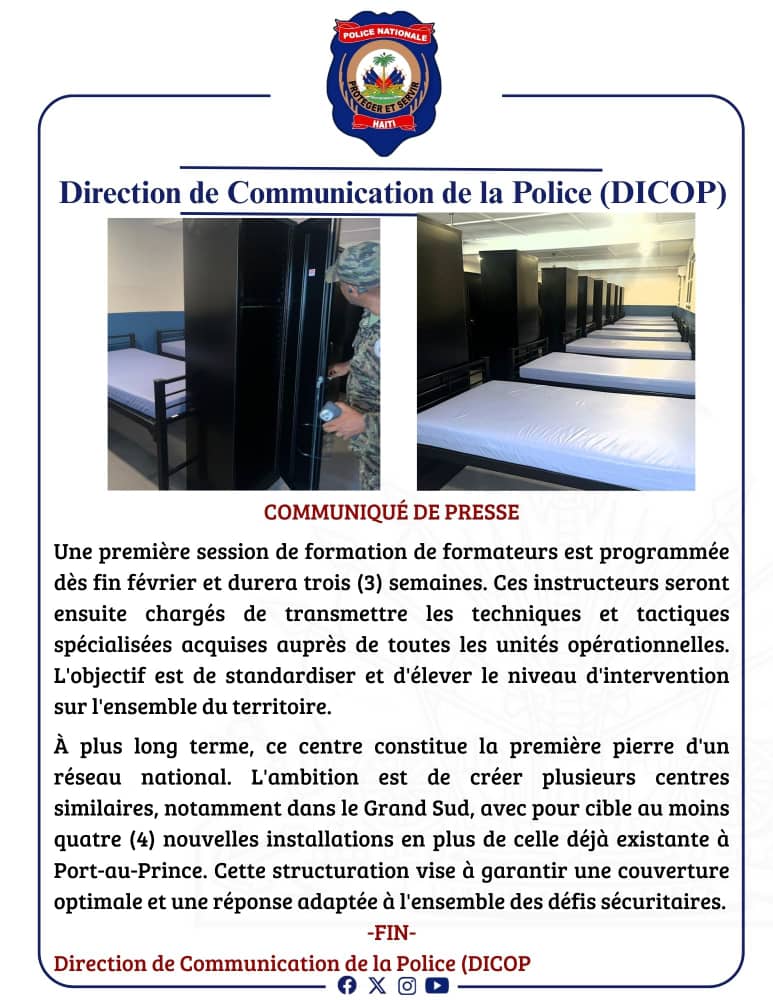 Un centre de formation pour les unités spécialisées de la #PNH au Morne-Casse, financé par le Canada via l’OEA.
200 policiers/session. Stand de tir, parcours tactiques, énergie solaire. Formation de formateurs dès fin février. Futur réseau national d’au moins 4 centres. 🇭🇹👮🏽‍♂️🤝🇨🇦