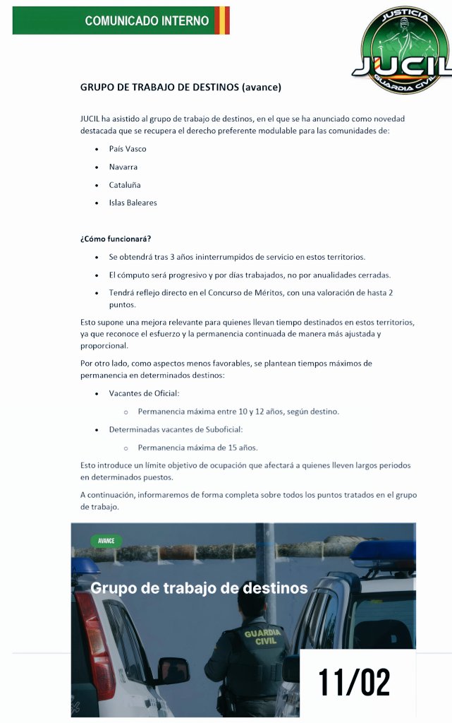 ⏰ #ULTIMAHORA

🚨 #JUCIL anuncia avances claves Grupo Trabajo de destinos de la #GuardiaCivil:

👉 Derecho preferente País Vasco, Navarra, Cataluña e Islas Baleares;
​✅ 3 años de servicio ininterrumpido.
✅ Cómputo por días (no años cerrados).
✅ Hasta 2 puntos en Concurso de