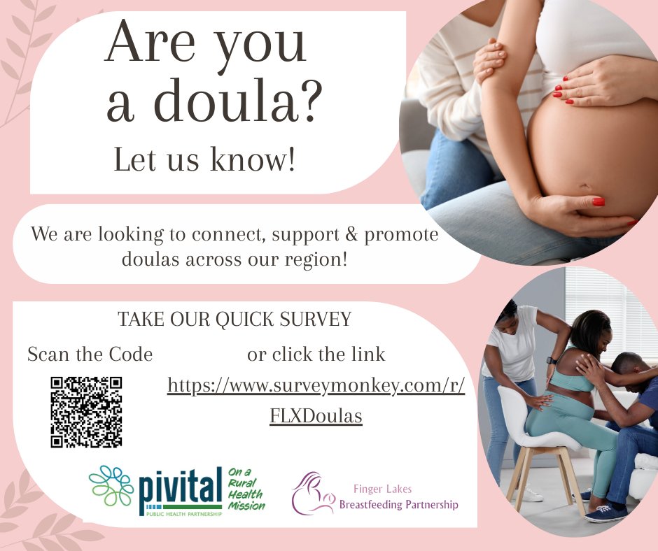 Doulas, we want to hear from you!
Take 3 minutes to share your experience and help strengthen doula support in the Finger Lakes. Your insight helps shape a better network for families in our region.

surveymonkey.com/r/FLXDoulas