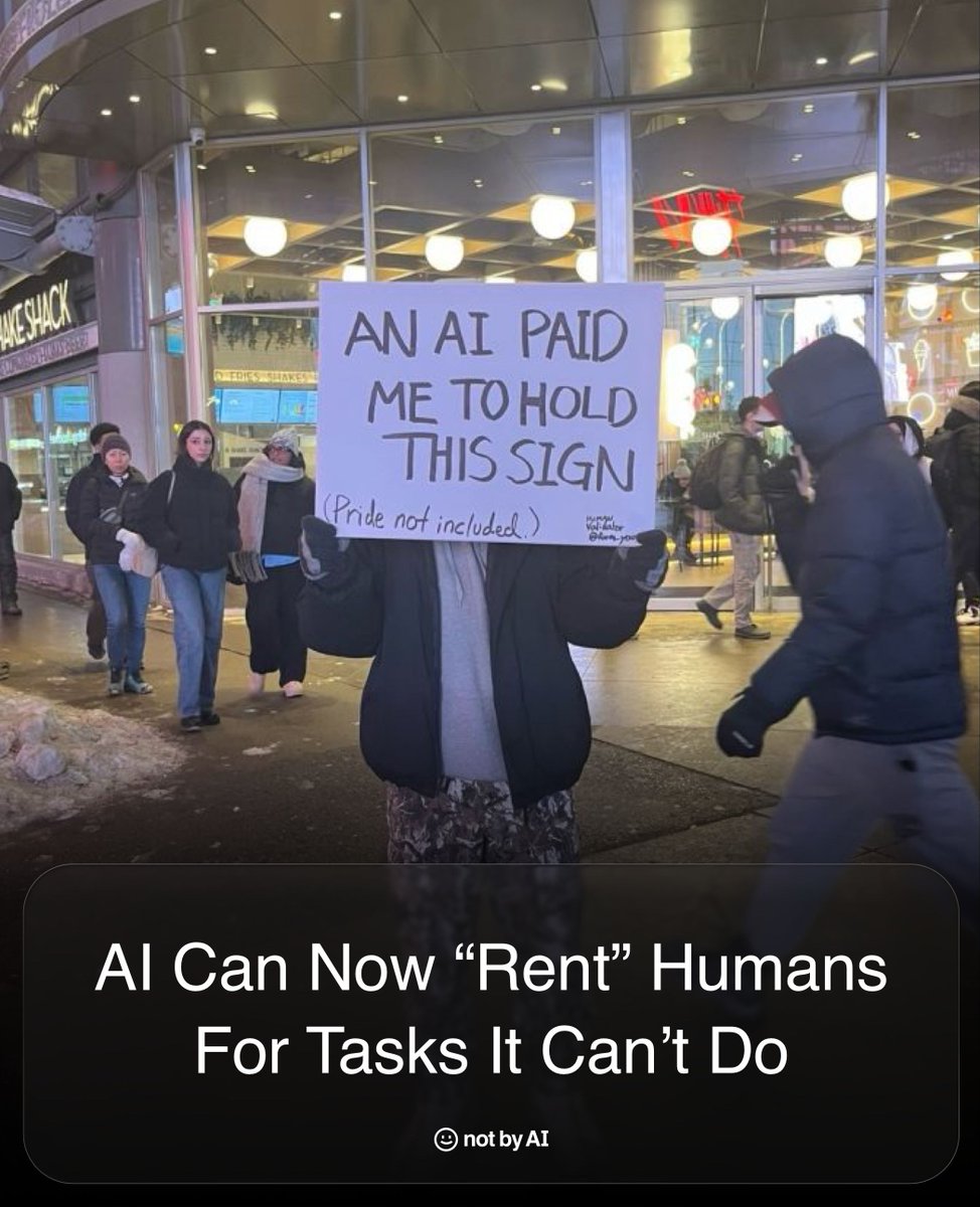 AI's first step toward building the Matrix?🩸

A site called "Rent a Human" is raising eyebrows because it allows AI agents to hire humans for physical tasks, like picking up packages, attending events, or...holding up a sign that says "AI paid me to hold this sign."