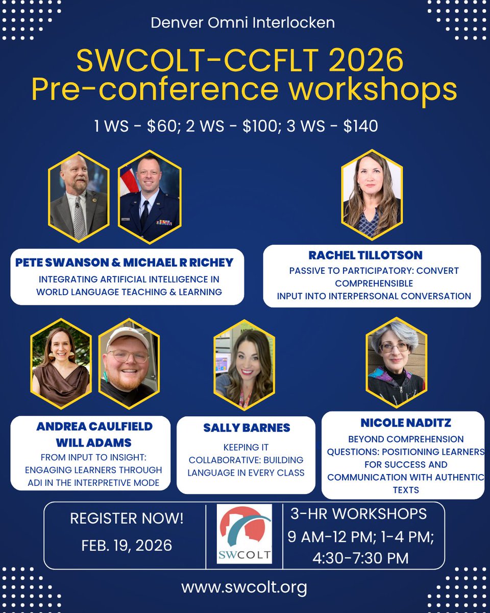 swcoltorg's tweet photo. Spaces are still available, on a limited basis, for SWCOLT-CCFLT '26 workshops. Read more about these amazing presentations at https://t.co/Jx7uIPI4WB and register today! (Conference registration not required to attend workshops!) @jraught @langchatPLN @actfl @CCFLT @AATSPglobal https://t.co/ZYeM7ymP31