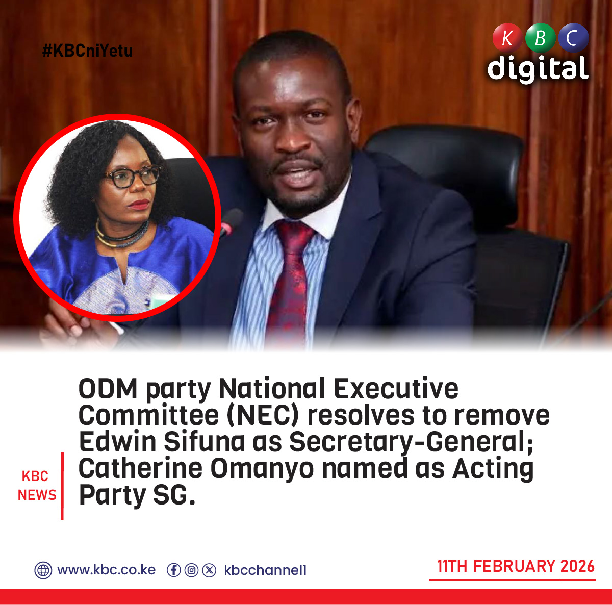 KBCChannel1's tweet photo. ODM party National Executive Committee (NEC) resolves to remove Edwin Sifuna as Secretary-General; Catherine Omanyo named as Acting Party SG.  ^EK

#KBCniYetu https://t.co/6GA81ukIJc