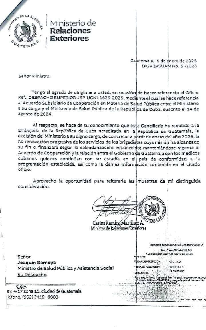 #retiro
Después de más de veinticinco años de colaboración, Guatemala ha anunciado el cierre del convenio de cooperación médica con Cuba que permitía la presencia de profesionales cubanos en territorio guatemalteco desde 1998.