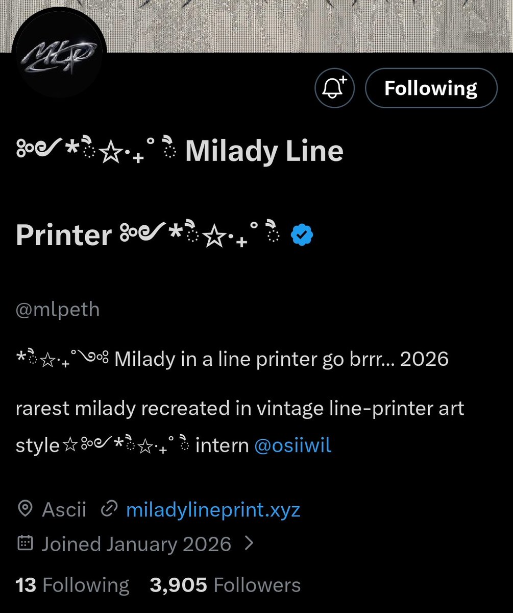Alpha of the day 

You missed the first cook on megaETH and you didn't believe they are really strong ? Don't sleep on next one <a href="/mlpeth/">༻*ੈ✩‧₊˚ ੈ Milady Line Printer ༻*ੈ✩‧₊˚ ੈ</a> 

Definitely keep it your watchlist , and we also appreciate them for allocating all our 3 communities ( <a href="/DegenAlphaxyz/">Degen Alpha 💀</a> , <a href="/Monalotls/">Monalotls</a> ,