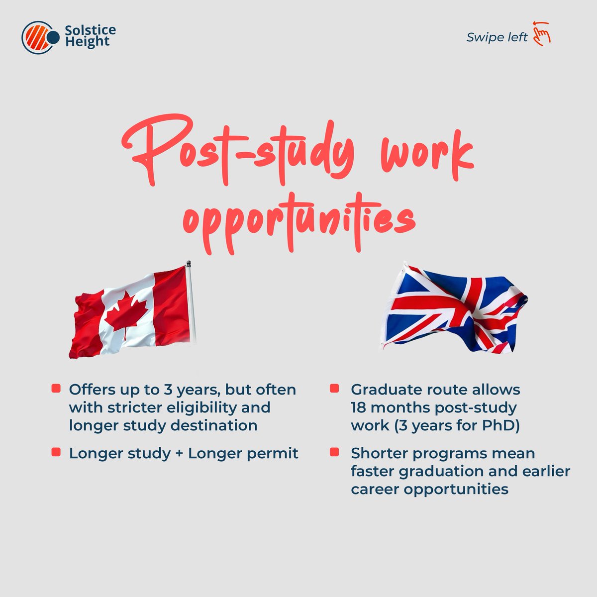HeightSolstice's tweet image. From study duration to post-study work opportunities, Canada and the UK offer very different paths.
Swipe through to see which destination aligns with your future.
Still unsure? Let’s help you decide.
Send us a DM to get started.
#StudyAbroad #CanadaVsUK #StudyInCanada #StudyInUK