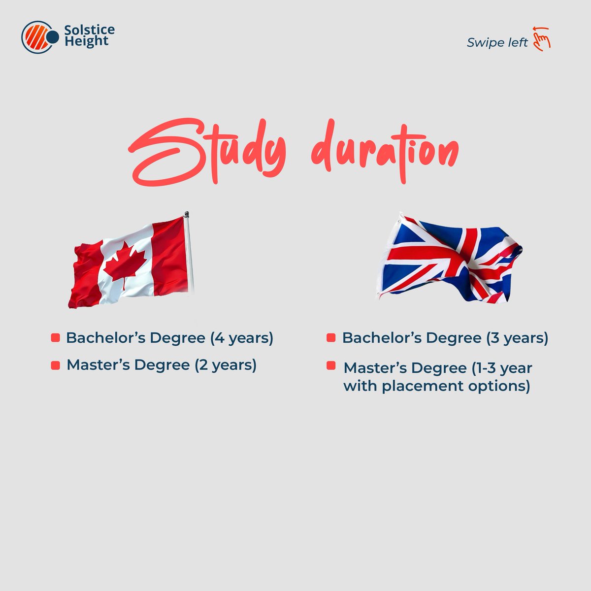 HeightSolstice's tweet image. From study duration to post-study work opportunities, Canada and the UK offer very different paths.
Swipe through to see which destination aligns with your future.
Still unsure? Let’s help you decide.
Send us a DM to get started.
#StudyAbroad #CanadaVsUK #StudyInCanada #StudyInUK