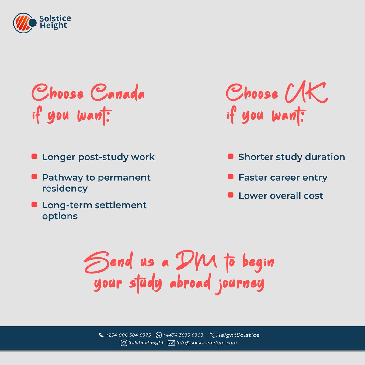 HeightSolstice's tweet image. From study duration to post-study work opportunities, Canada and the UK offer very different paths.
Swipe through to see which destination aligns with your future.
Still unsure? Let’s help you decide.
Send us a DM to get started.
#StudyAbroad #CanadaVsUK #StudyInCanada #StudyInUK