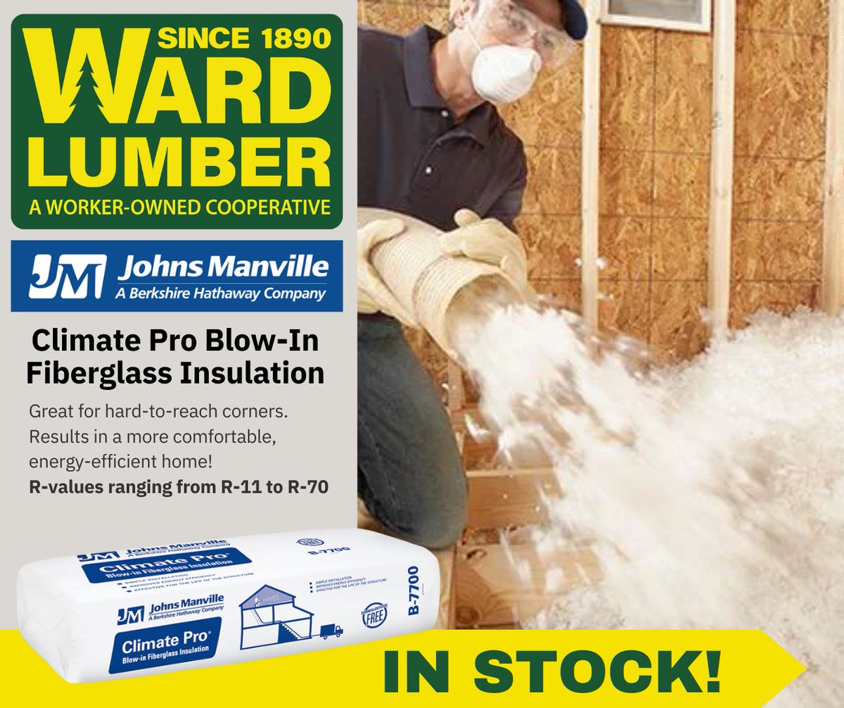 🛠️ Product Spotlight: Climate Pro® Blow-In Insulation 🏠 Climate Pro® Blow-In Fiberglass Insulation from Johns Manville is a top choice for new builds, remodels, attics, walls, and those tricky irregular spaces.

#WardLumberStrong #WorkerOwned #Coop #ShopLocal #ADK #NorthCountry