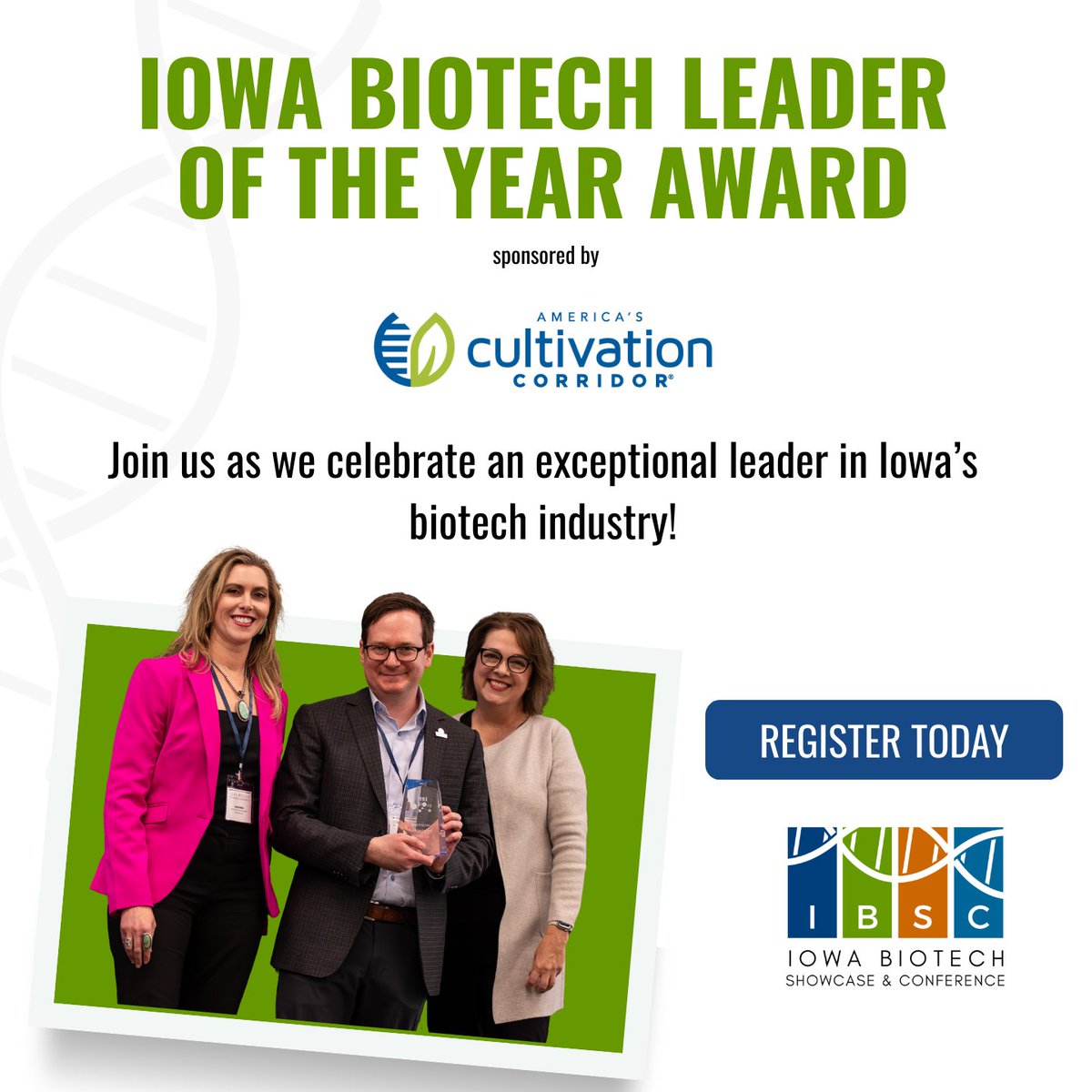IowaBio's tweet photo. Join us for lunch as we honor the 2026 Biotech Leader of the Year at #IBSC2026 — recognizing outstanding contributions to Iowa’s biotech ecosystem! Presented by @CultivationCorr. Register today! Visit: https://t.co/tQGbuYgNxS
#IBSC2026 #BiotechLeader #Award https://t.co/BwThTf6Cmq