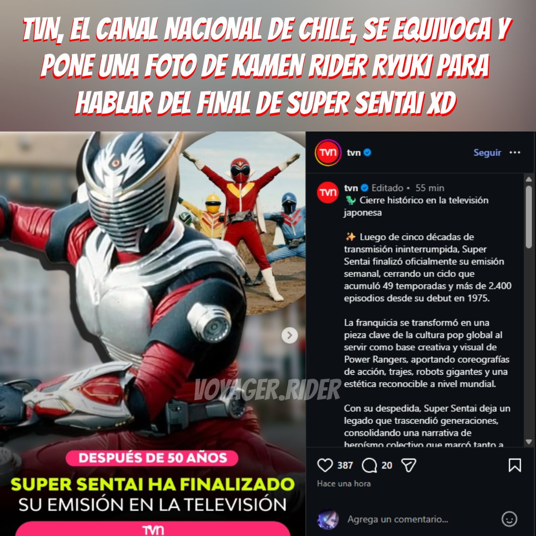 TVN, el canal nacional de Chile 🇨🇱, se equivoca y utiliza una foto de Kamen Rider Ryuki para hablar sobre el final de Super Sentai. #supersentai #Tokusatsu #KamenRider #tvn