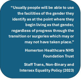 🚨  <a href="/NHSHomerton/">HHFT</a>  Homerton Healthcare NHS Foundation Trust
📄 This statement   appears in your Staff Trans, Non-Binary and Intersex Equality Policy   (2023)

⚖️  If still in force, this policy is unlawful.
  The Equality Act 2010 protects biological sex — confirmed by   the UK