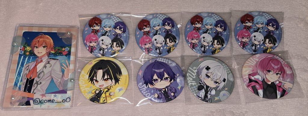 交換】めておら AGF 缶バッジ 求:❤️等身 譲:💜💛🩷🤍🖤集合 郵送での