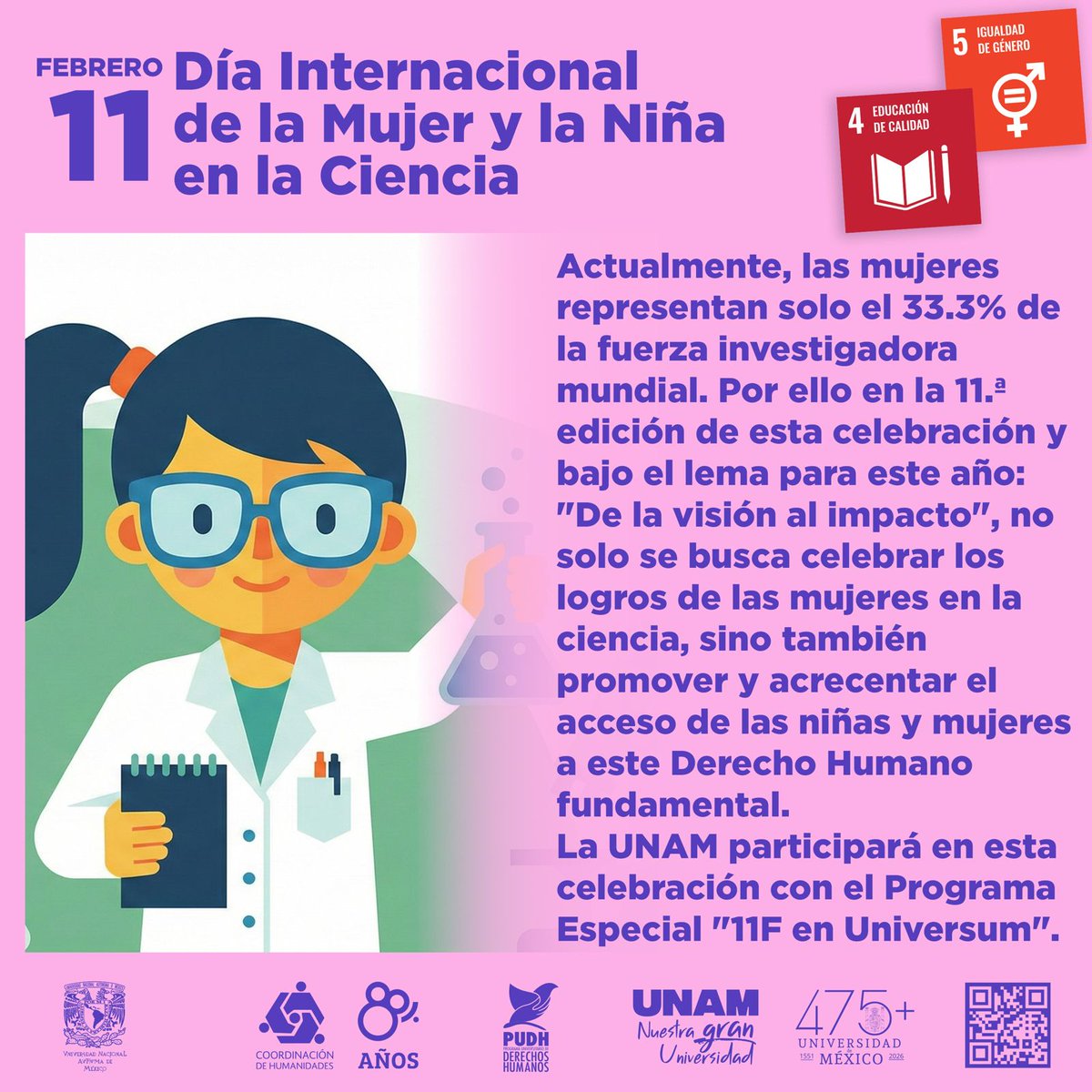 #11Febrero Día Internacional de la Mujer y la Niña en la Ciencia. #ODS5 #ODS4 #ODS10 
#Agenda2030 #ODS #NNA #Ciencia 👩‍🔬🧪